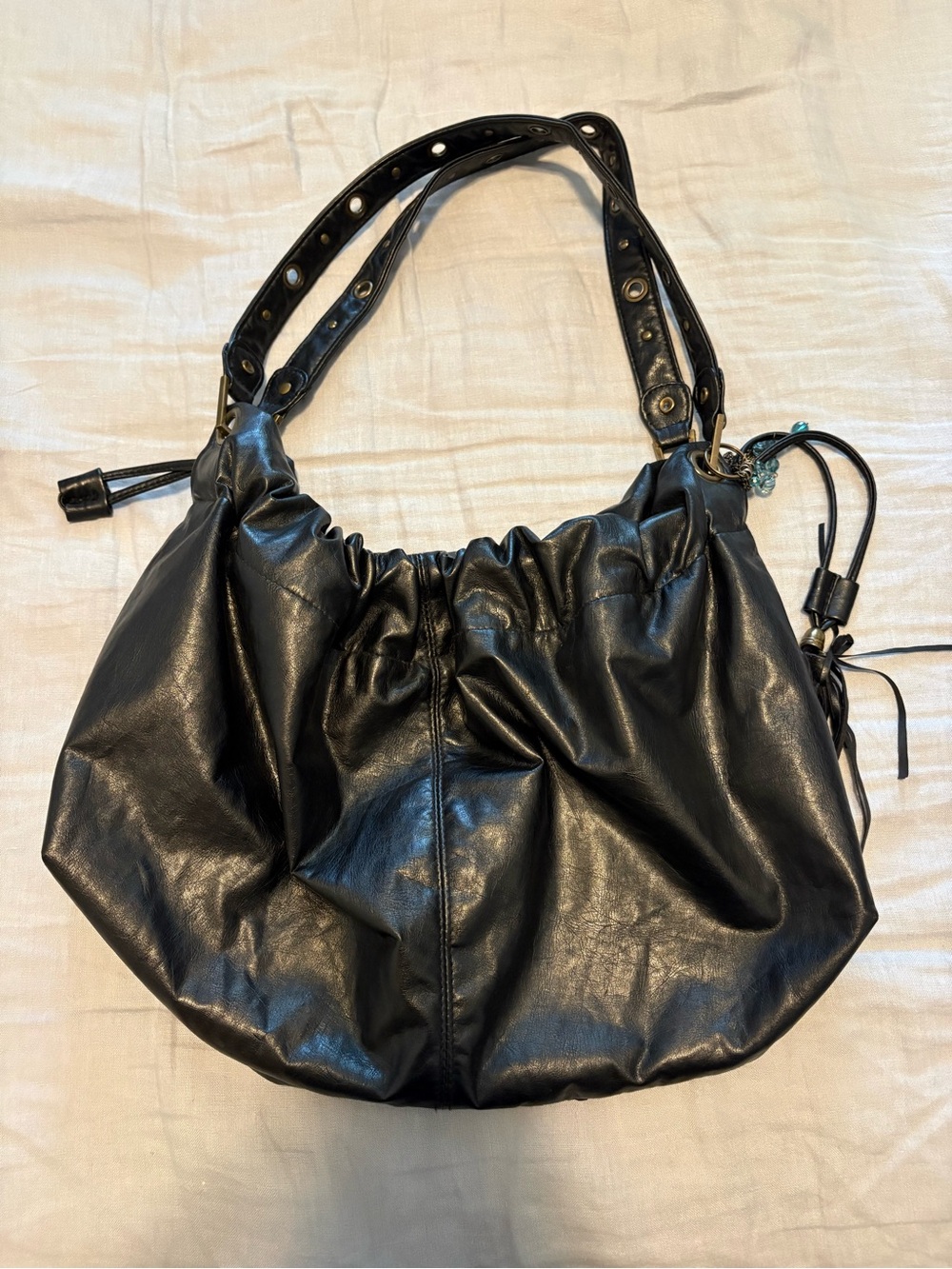 Vintage Black Faux Leather Hobo Tassel Grommet Detail Shoulder Bag